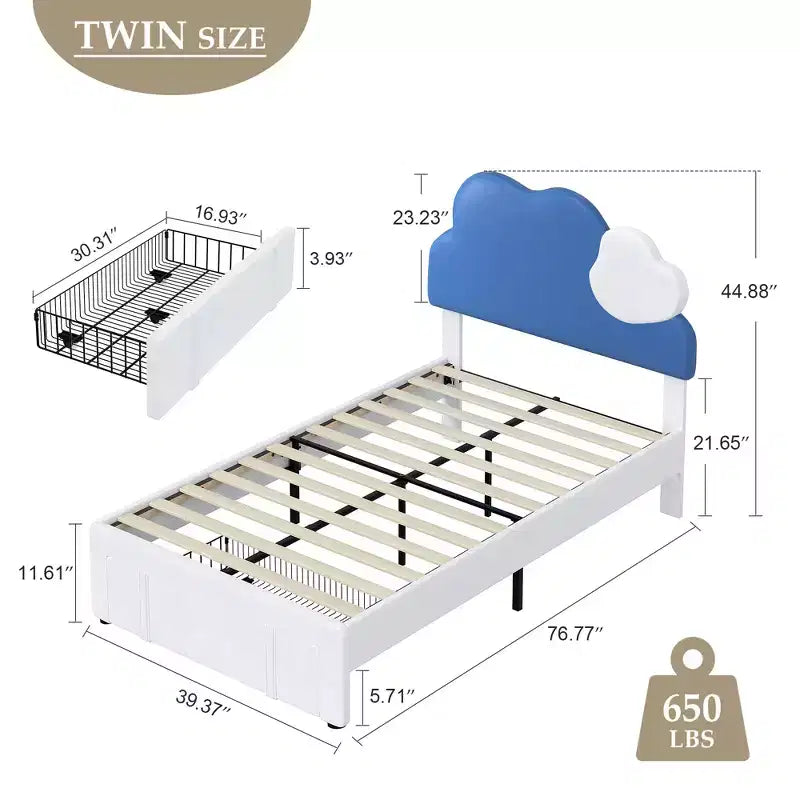 Cadre de lit rembourré pour enfants, lit double avec tiroir de rangement, lit plateforme avec tête de lit en forme de nuage, bleu