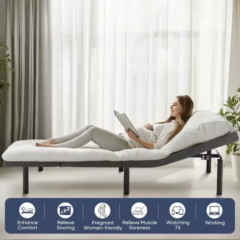 Cadre de Lit Motorisé Ergonomique avec Télécommande Sans Fil - Inclinaison Indépendante Tête/Pied, Moteur Silencieux, Idéal pour se Détendre, Travailler, Lire et Regarder la Télévision