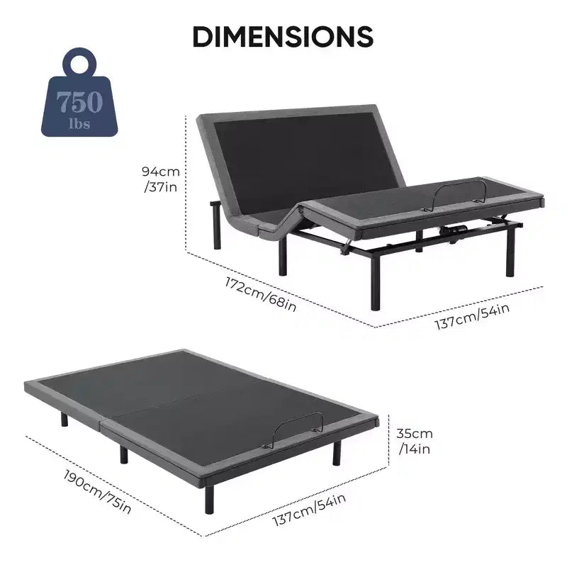Cadre de Lit Motorisé Ergonomique avec Télécommande Sans Fil - Inclinaison Indépendante Tête/Pied, Moteur Silencieux, Idéal pour se Détendre, Travailler, Lire et Regarder la Télévision