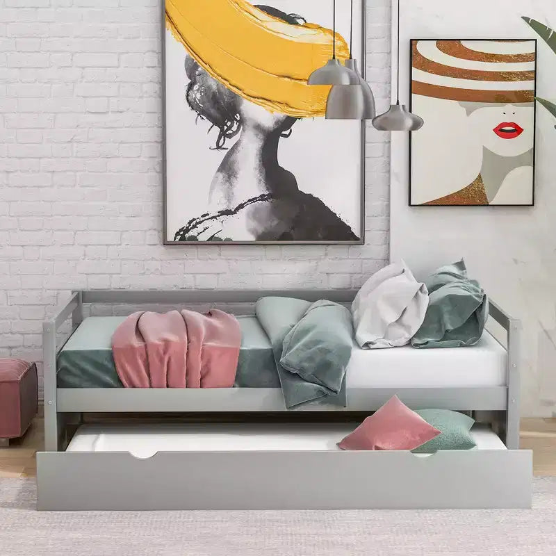 Lit de repos en bois de taille double au design moderne avec lit gigogne, construction robuste