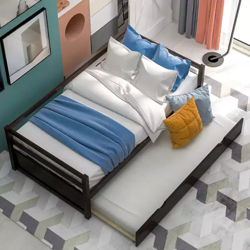 Lit de repos en bois de taille double au design moderne avec lit gigogne, construction robuste