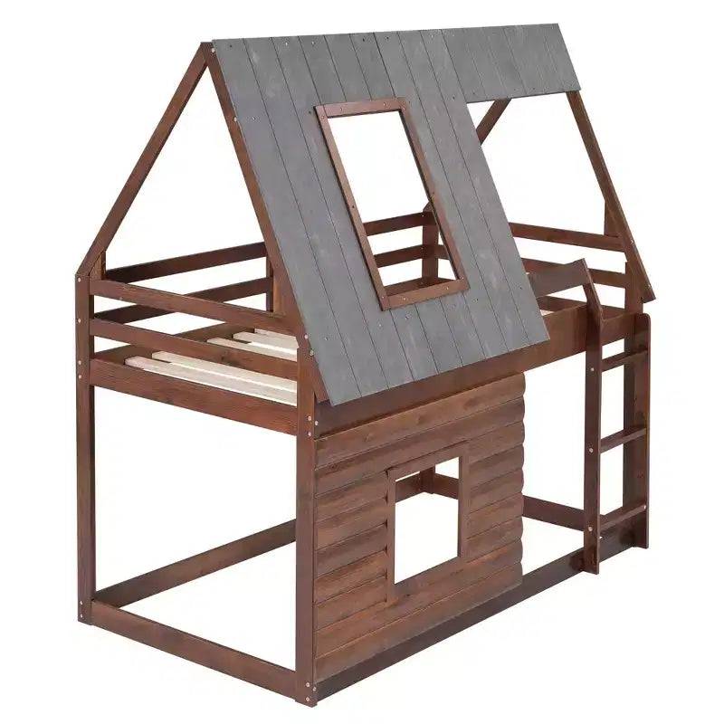 Lit superposé cabane double avec toit, échelle et 2 fenêtres au design élégant