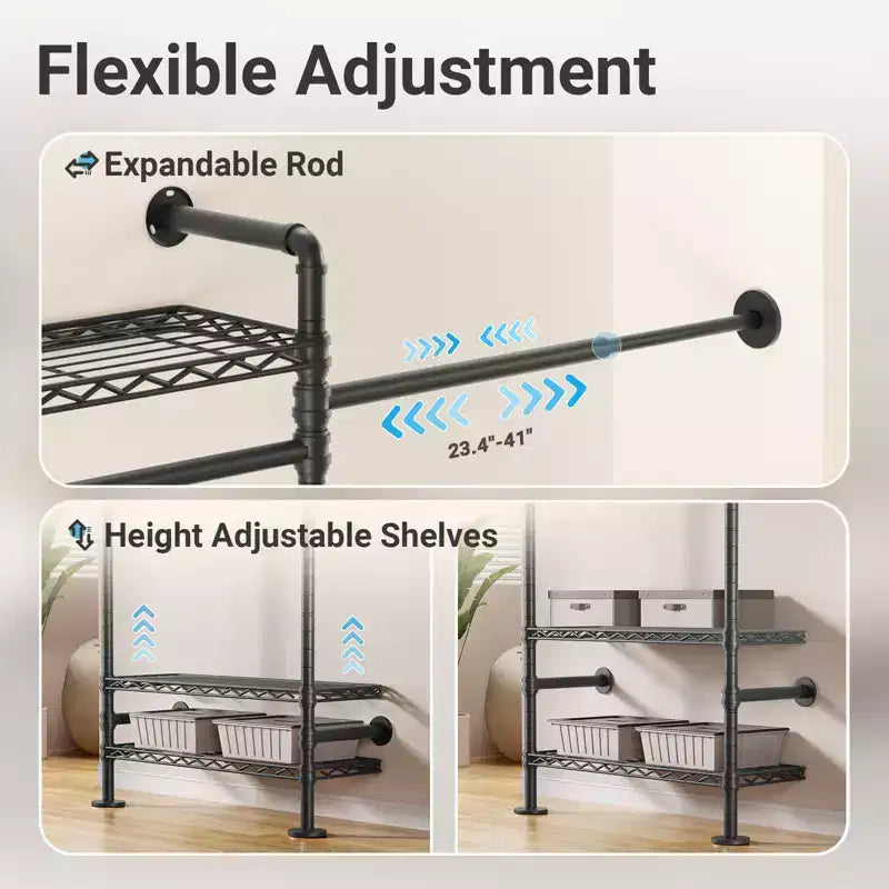 Système d'organisation de placard, étendoir mural extensible, portemanteau en tuyau industriel, s'adapte aux espaces de 1,93 m à 2,82 m