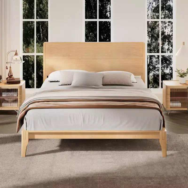 Cadre de lit plateforme en bambou avec lattes de support en bois, style moderne du milieu du siècle, tailles Full/Queen/King