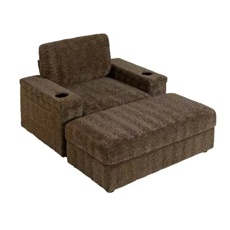 Chaise longue surdimensionnée en fausse fourrure de lapin avec pouf de rangement et accoudoirs, canapé-lit rembourré avec porte-gobelets