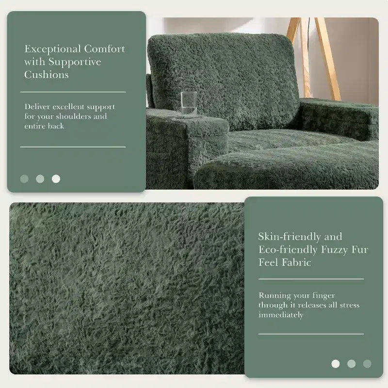 Chaise longue surdimensionnée en fausse fourrure de lapin avec pouf de rangement et accoudoirs, canapé-lit rembourré avec porte-gobelets