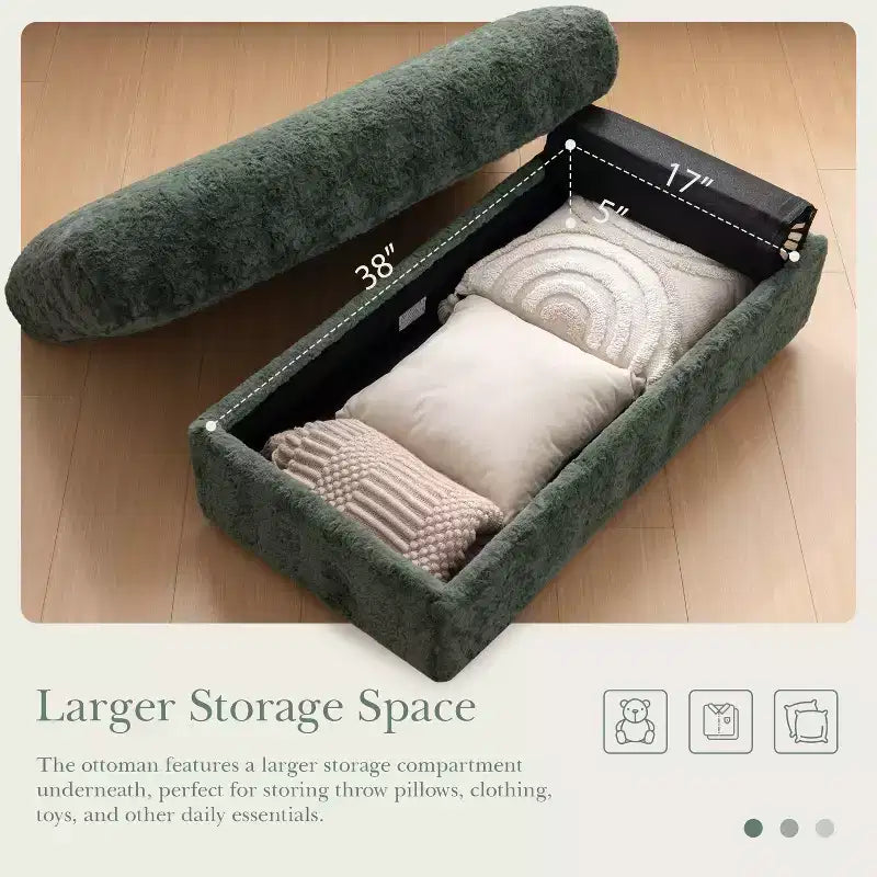 Chaise longue surdimensionnée en fausse fourrure de lapin avec pouf de rangement et accoudoirs, canapé-lit rembourré avec porte-gobelets