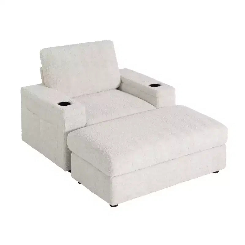 Chaise longue surdimensionnée en fausse fourrure de lapin avec pouf de rangement et accoudoirs, canapé-lit rembourré avec porte-gobelets