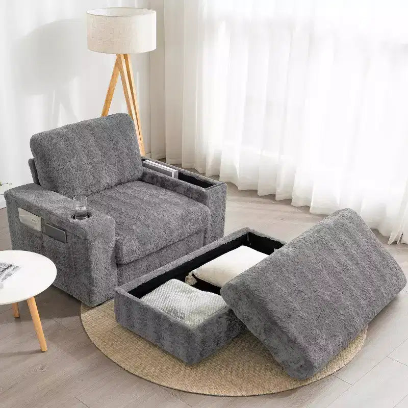 Chaise longue surdimensionnée en fausse fourrure de lapin avec pouf de rangement et accoudoirs, canapé-lit rembourré avec porte-gobelets