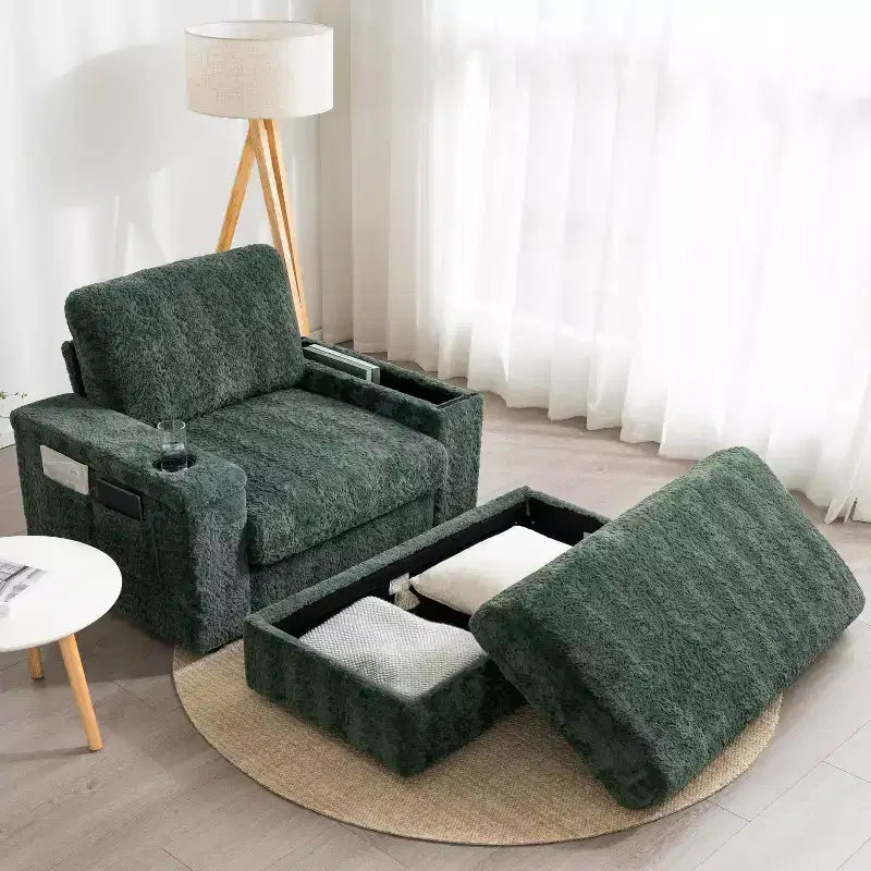 Chaise longue surdimensionnée en fausse fourrure de lapin avec pouf de rangement et accoudoirs, canapé-lit rembourré avec porte-gobelets