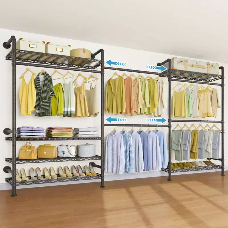 Timate F3 Plus Wall Mounted Clothes Rack Industrial Pipe Clothing Rack, Heavy Duty Clothes Rack with Shelves and Expandable Hanging Rods