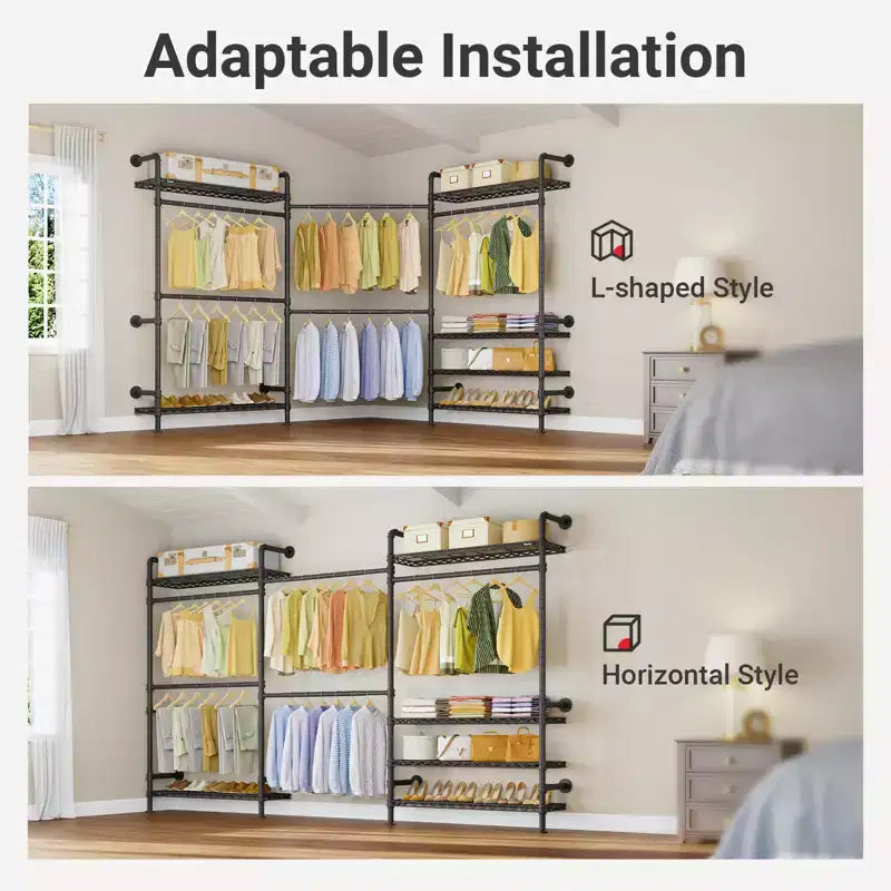 Porte-vêtements mural, tringle à vêtements industrielle, porte-vêtements robuste avec étagères et tringles extensibles