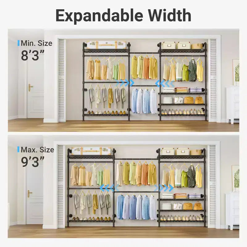 Porte-vêtements mural, tringle à vêtements industrielle, porte-vêtements robuste avec étagères et tringles extensibles