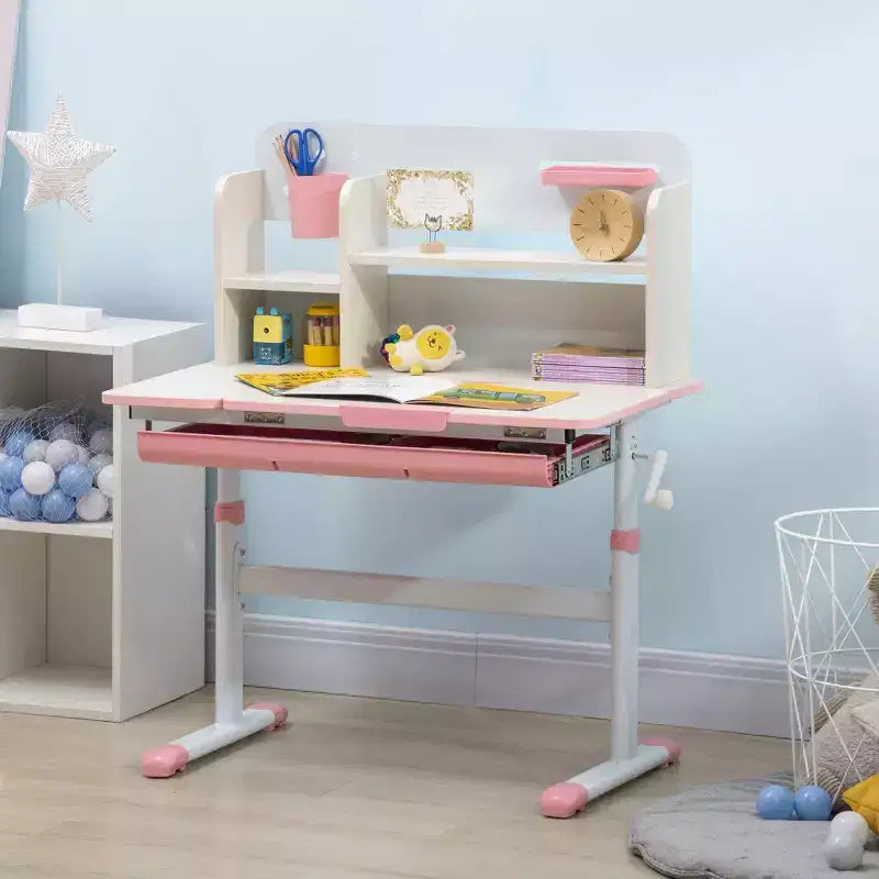 TUYOHW Wooden Kids Desk,Childrens Writing Desk with Height Adjustable & Tilt Desktop,Storage Shelf & Drawer,Student School Table for Ages 3-12