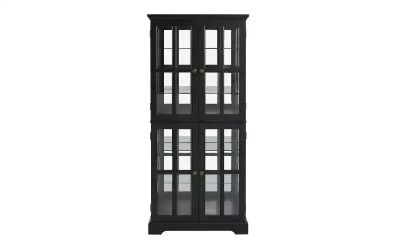VIYET 69 Antique Curio Bookshelf - Black MDF+Glass, 4 Doors, Adjustable Shelves, E26 Bulb