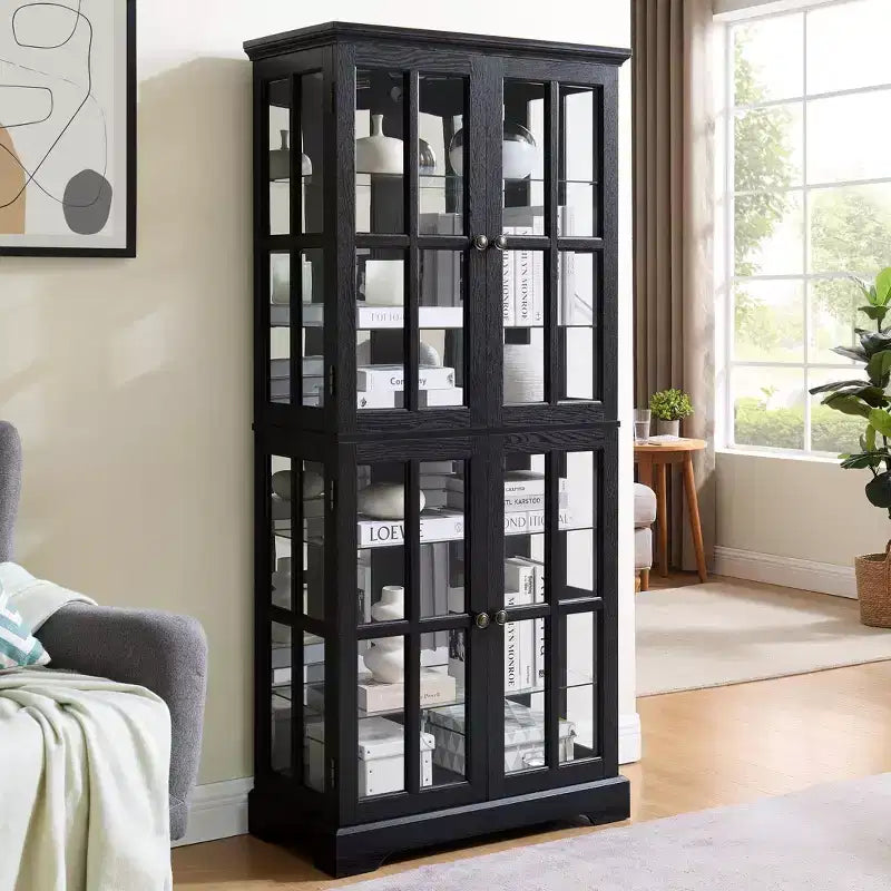 Bibliothèque vitrine antique - MDF noir+Verre, 4 portes, Étagères réglables, Ampoule E26