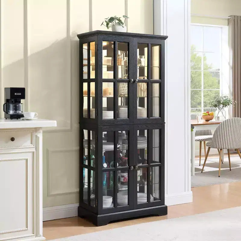 Bibliothèque vitrine antique - MDF noir+Verre, 4 portes, Étagères réglables, Ampoule E26