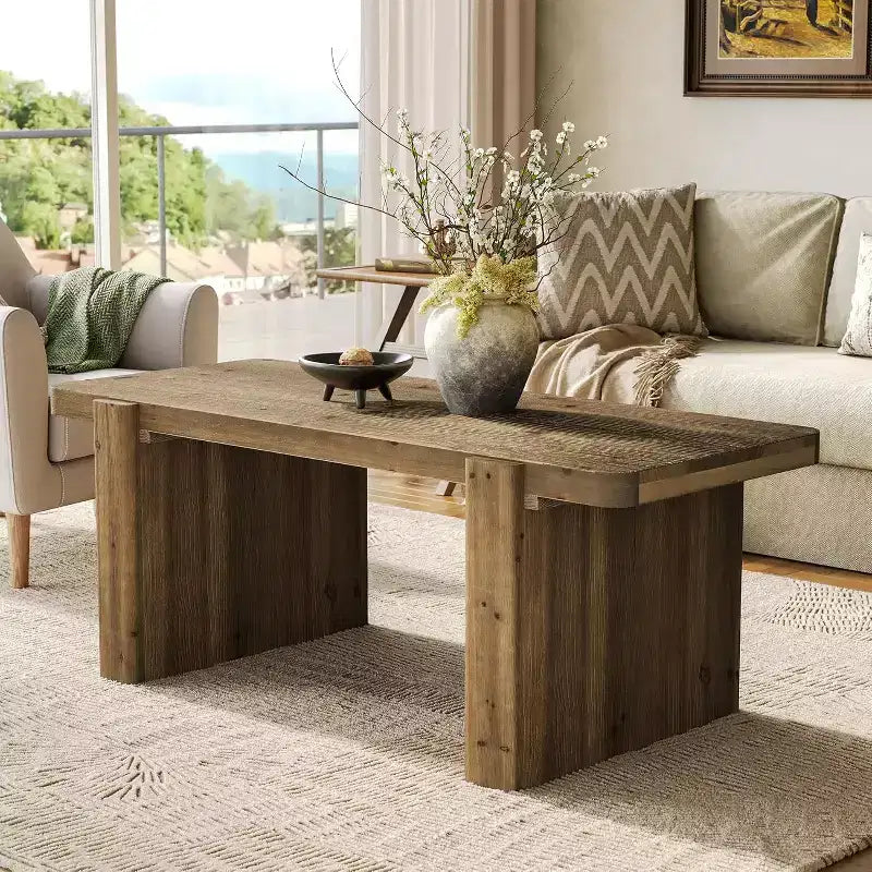 Table basse de ferme en bois massif de 119 cm – Table centrale à piédestal robuste avec plateau spacieux