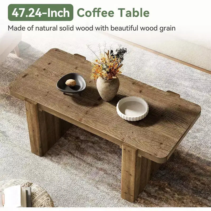 Table basse de ferme en bois massif de 119 cm – Table centrale à piédestal robuste avec plateau spacieux