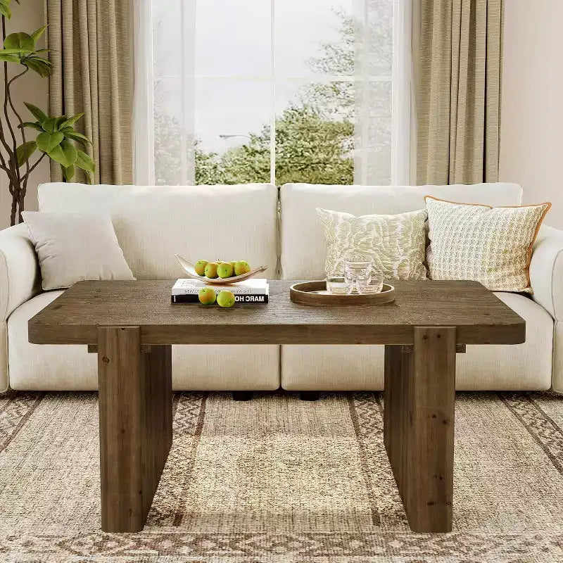 Table basse de ferme en bois massif de 119 cm – Table centrale à piédestal robuste avec plateau spacieux