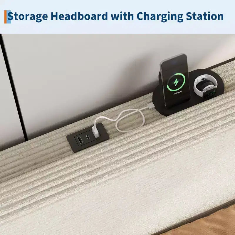 Cadre de lit double avec station de charge USB, cadre de lit plateforme rembourré en velours côtelé avec tête de lit de rangement réglable, support à lattes en bois