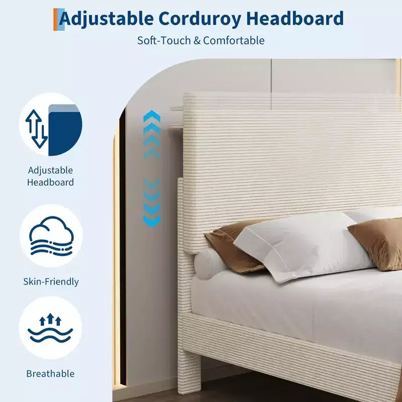 Cadre de lit double avec station de charge USB, cadre de lit plateforme rembourré en velours côtelé avec tête de lit de rangement réglable, support à lattes en bois