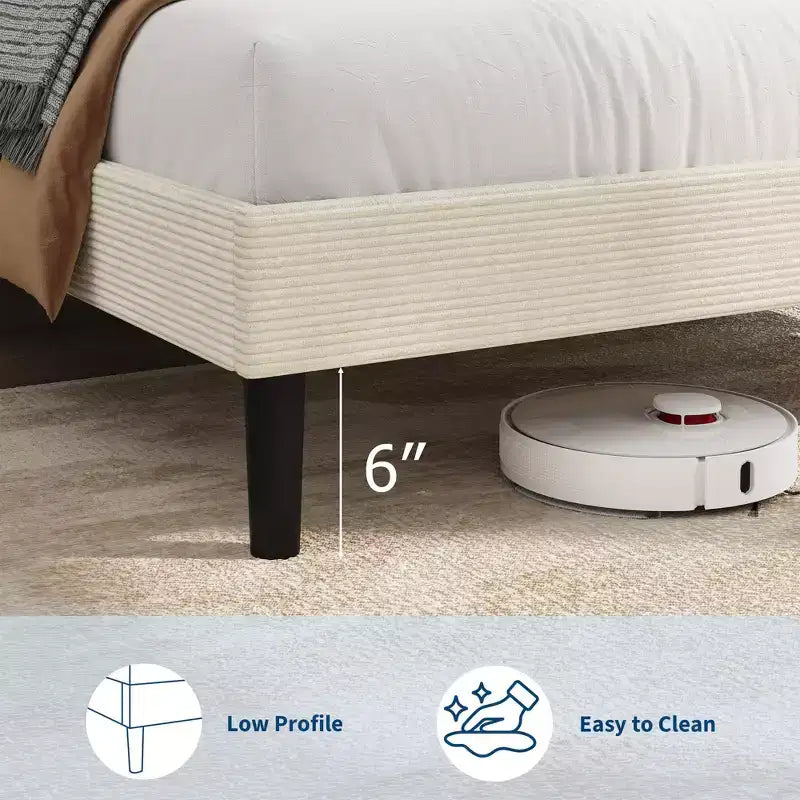 Cadre de lit double avec station de charge USB, cadre de lit plateforme rembourré en velours côtelé avec tête de lit de rangement réglable, support à lattes en bois
