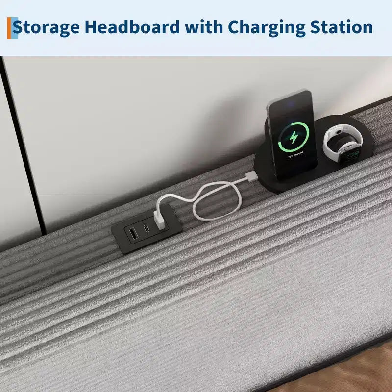Cadre de lit double avec station de charge USB, cadre de lit plateforme rembourré en velours côtelé avec tête de lit de rangement réglable, support à lattes en bois