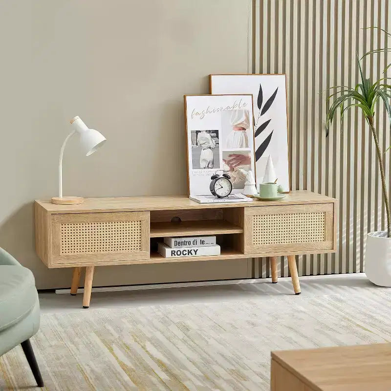 Meuble TV, Rangement à double porte coulissante avec étagère réglable, Pieds en bois massif, Console TV pour salon