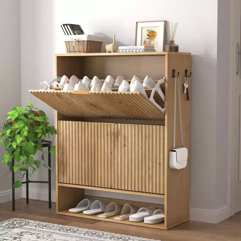 Meuble à chaussures fin et cannelé avec 2 tiroirs basculants et étagère inférieure, organiseur de rangement caché pour entrée, couloir et placard - Étagère à chaussures autoportante