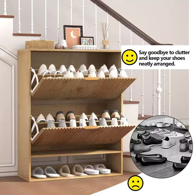 Meuble à chaussures fin et cannelé avec 2 tiroirs basculants et étagère inférieure, organiseur de rangement caché pour entrée, couloir et placard - Étagère à chaussures autoportante