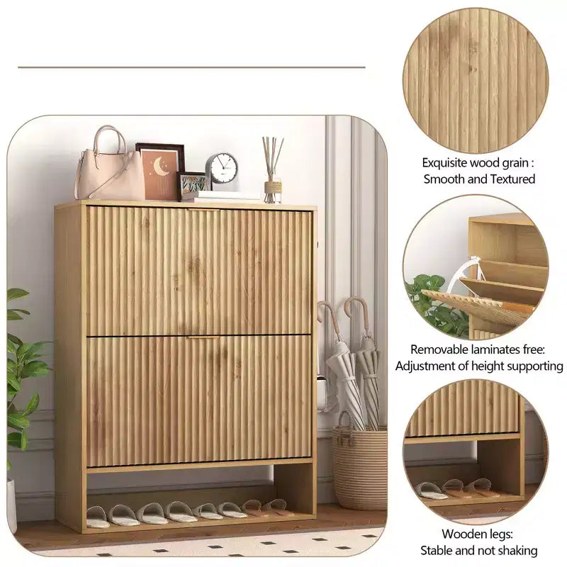 Meuble à chaussures fin et cannelé avec 2 tiroirs basculants et étagère inférieure, organiseur de rangement caché pour entrée, couloir et placard - Étagère à chaussures autoportante