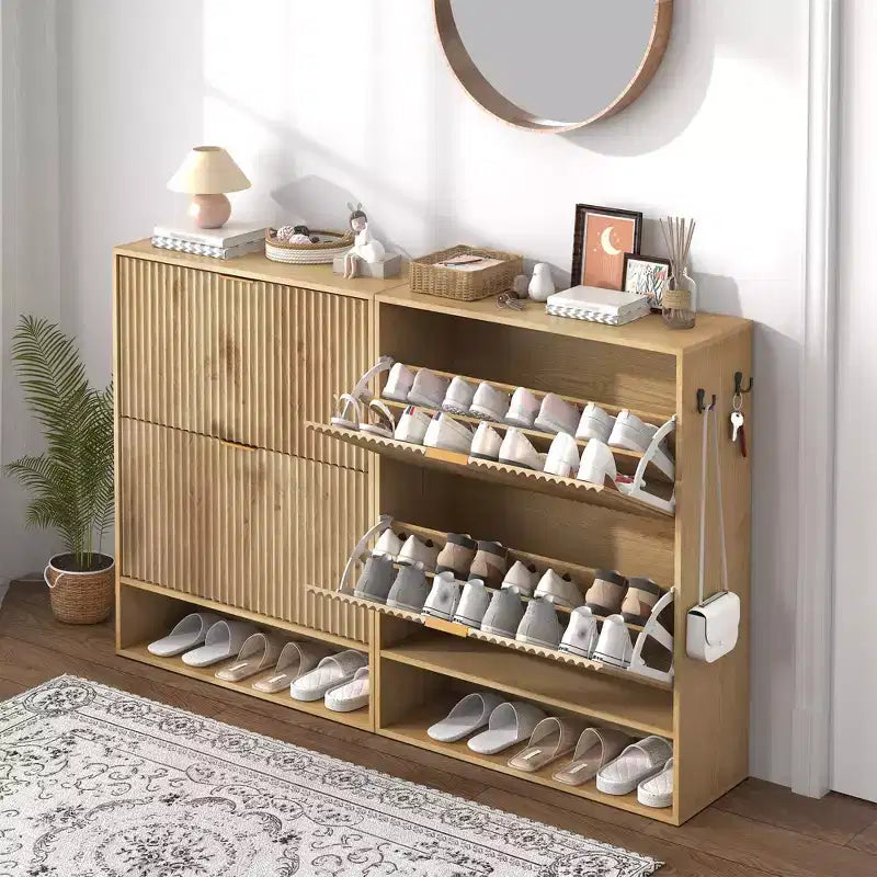 Meuble à chaussures fin et cannelé avec 2 tiroirs basculants et étagère inférieure, organiseur de rangement caché pour entrée, couloir et placard - Étagère à chaussures autoportante