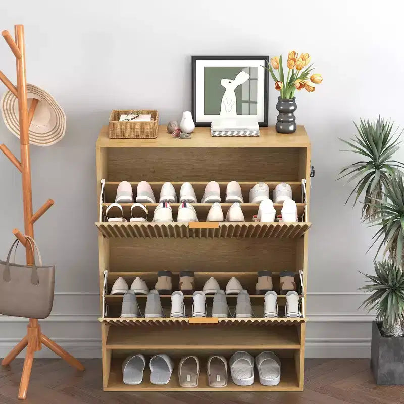 Meuble à chaussures fin et cannelé avec 2 tiroirs basculants et étagère inférieure, organiseur de rangement caché pour entrée, couloir et placard - Étagère à chaussures autoportante