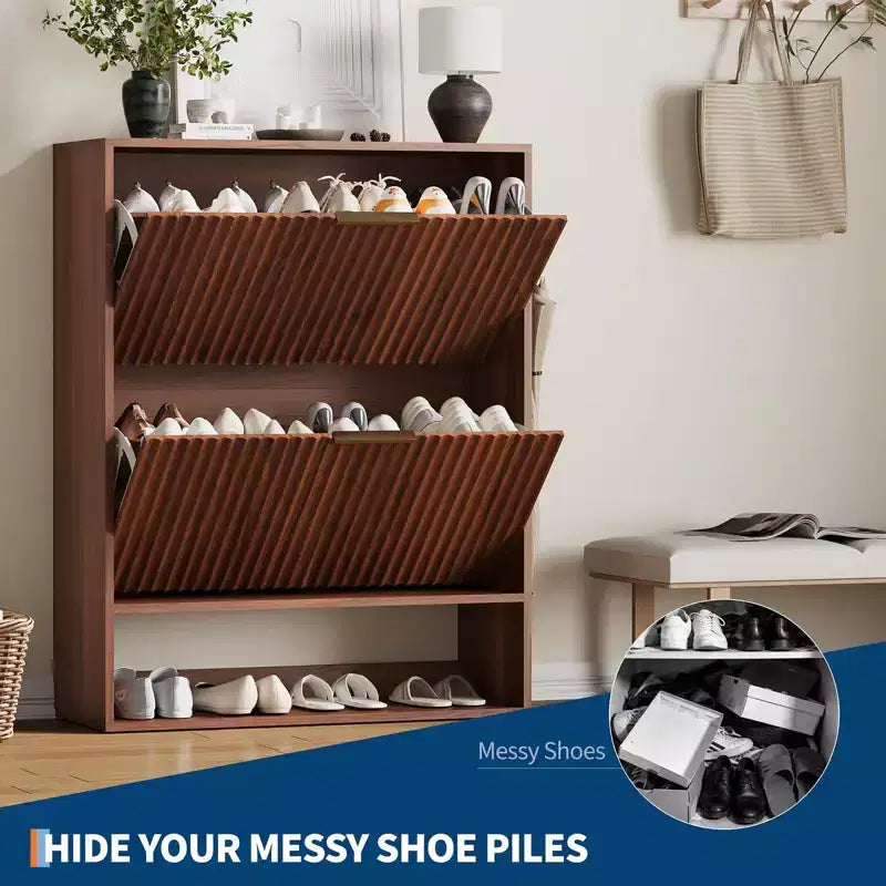 Meuble à chaussures fin et cannelé avec 2 tiroirs basculants et étagère inférieure, organiseur de rangement caché pour entrée, couloir et placard - Étagère à chaussures autoportante