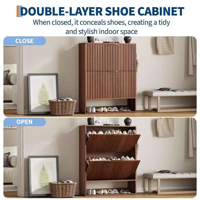 Meuble à chaussures fin et cannelé avec 2 tiroirs basculants et étagère inférieure, organiseur de rangement caché pour entrée, couloir et placard - Étagère à chaussures autoportante