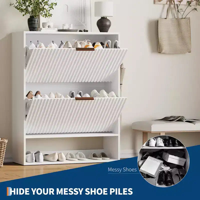 Meuble à chaussures fin et cannelé avec 2 tiroirs basculants et étagère inférieure, organiseur de rangement caché pour entrée, couloir et placard - Étagère à chaussures autoportante