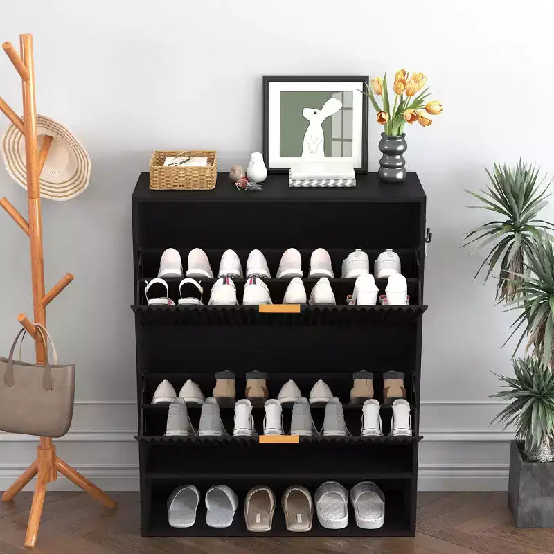 Meuble à chaussures fin et cannelé avec 2 tiroirs basculants et étagère inférieure, organiseur de rangement caché pour entrée, couloir et placard - Étagère à chaussures autoportante