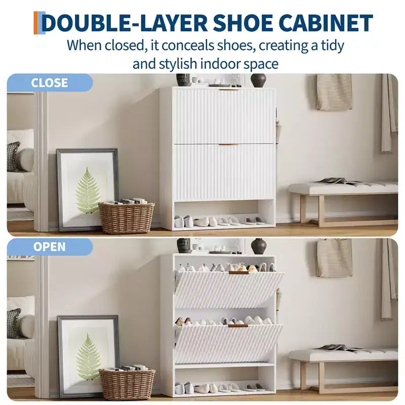 Meuble à chaussures fin et cannelé avec 2 tiroirs basculants et étagère inférieure, organiseur de rangement caché pour entrée, couloir et placard - Étagère à chaussures autoportante
