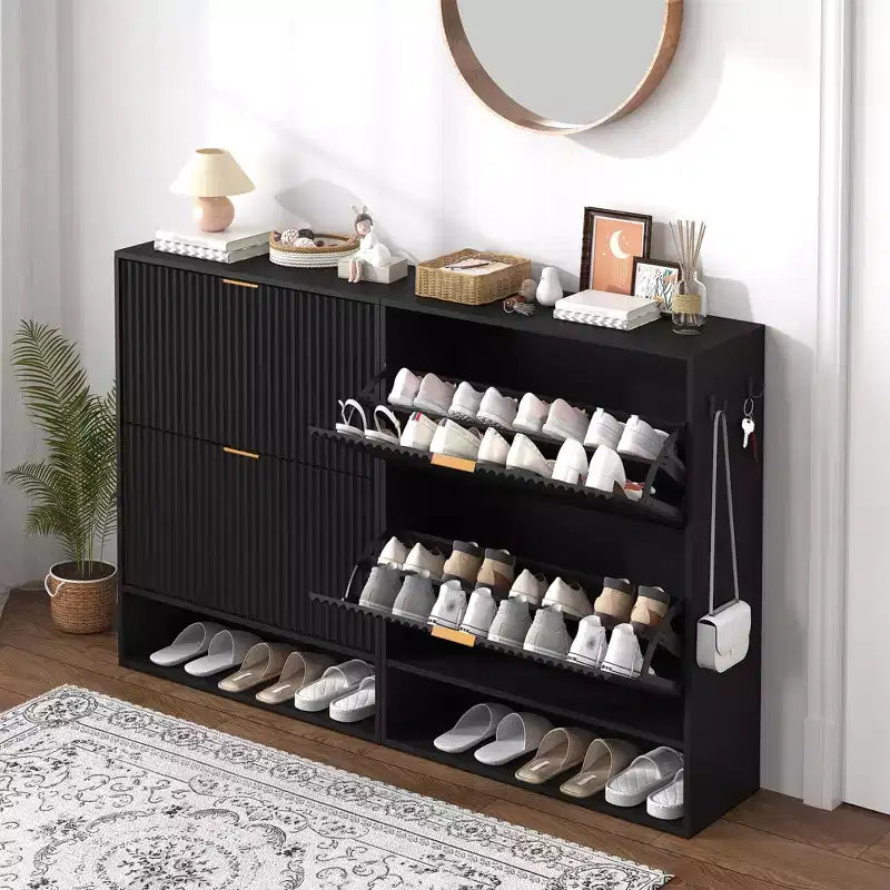 Meuble à chaussures fin et cannelé avec 2 tiroirs basculants et étagère inférieure, organiseur de rangement caché pour entrée, couloir et placard - Étagère à chaussures autoportante