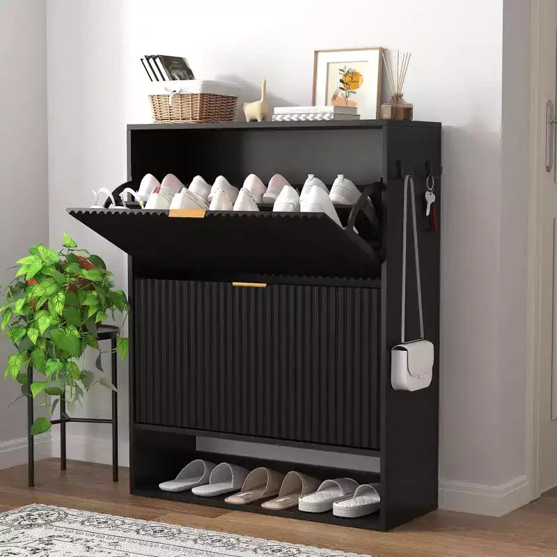 Meuble à chaussures fin et cannelé avec 2 tiroirs basculants et étagère inférieure, organiseur de rangement caché pour entrée, couloir et placard - Étagère à chaussures autoportante