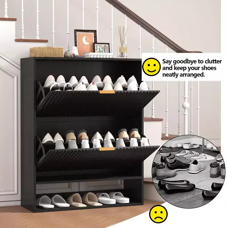 Meuble à chaussures fin et cannelé avec 2 tiroirs basculants et étagère inférieure, organiseur de rangement caché pour entrée, couloir et placard - Étagère à chaussures autoportante