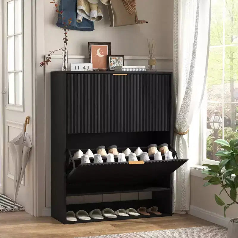 Slim Fluted Shoe Cabinet with 2 Flip Drawers & Bottom Shelf, Hidden Storage Organizer for Entryway, Hallway & Closet - Freestanding Shoe Rack