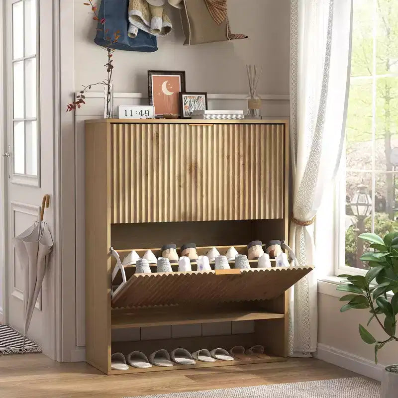 Meuble à chaussures fin et cannelé avec 2 tiroirs basculants et étagère inférieure, organiseur de rangement caché pour entrée, couloir et placard - Étagère à chaussures autoportante