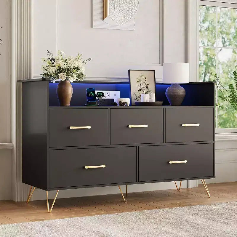 LED Dresser with Charging Station - Modern 5-Drawer 47 Wide Wooden Chest, Storage Organizer for Bedroom, Nursery, Hallway & Apartments