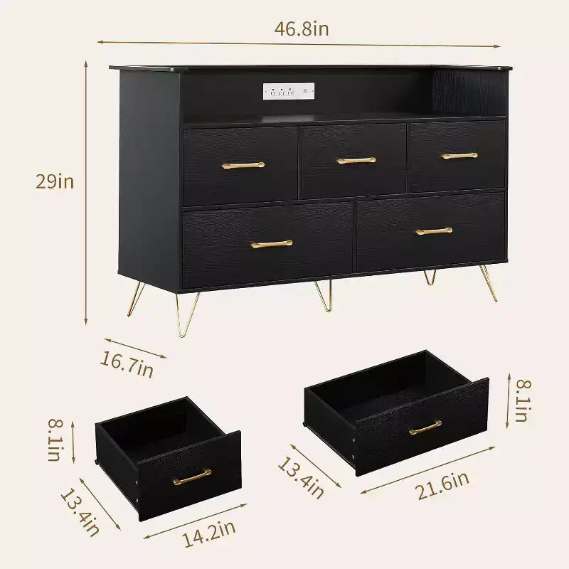 Commode LED avec station de recharge - Commode en bois moderne à 5 tiroirs de 119 cm de large, organisateur de rangement pour chambre à coucher, chambre de bébé, couloir et appartements