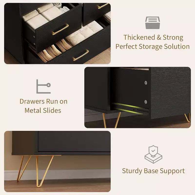Commode LED avec station de recharge - Commode en bois moderne à 5 tiroirs de 119 cm de large, organisateur de rangement pour chambre à coucher, chambre de bébé, couloir et appartements