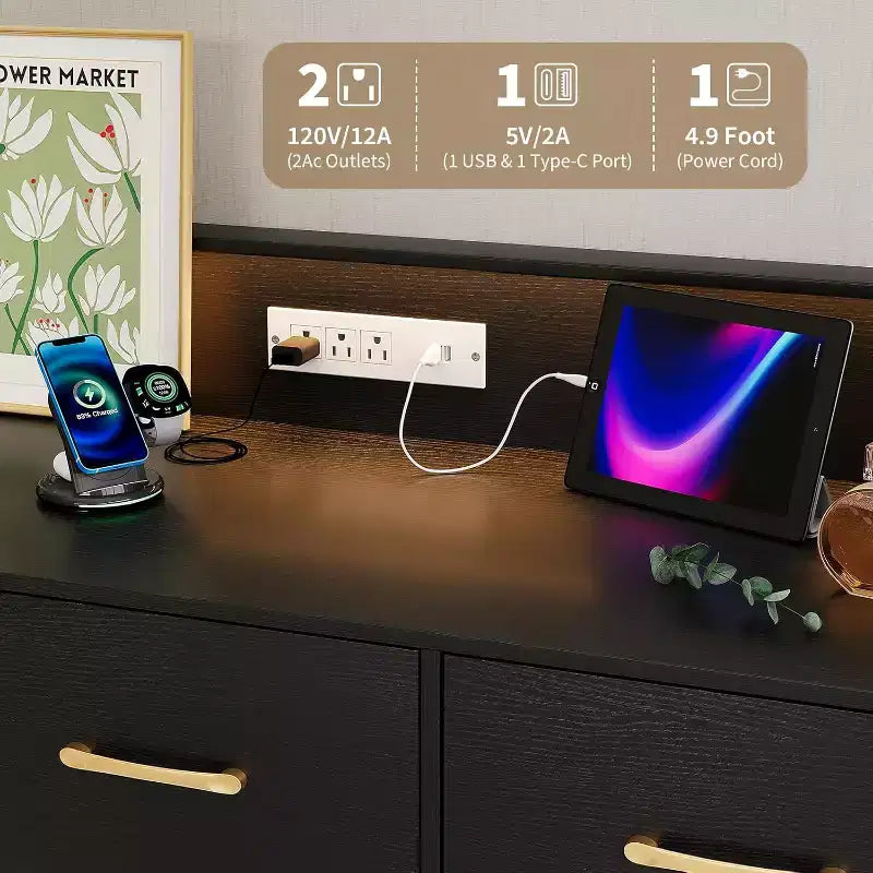 Commode LED avec station de recharge - Commode en bois moderne à 5 tiroirs de 119 cm de large, organisateur de rangement pour chambre à coucher, chambre de bébé, couloir et appartements