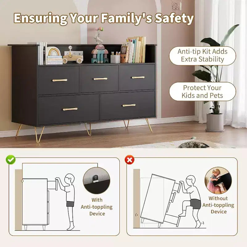Commode LED avec station de recharge - Commode en bois moderne à 5 tiroirs de 119 cm de large, organisateur de rangement pour chambre à coucher, chambre de bébé, couloir et appartements