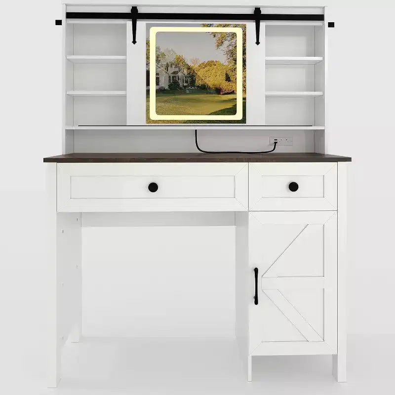 Vanity Desk with LED Lighted Mirror, Makeup Table with Charging Station, Drawers & Storage Stool, Modern White Dressing Table for Bedroom